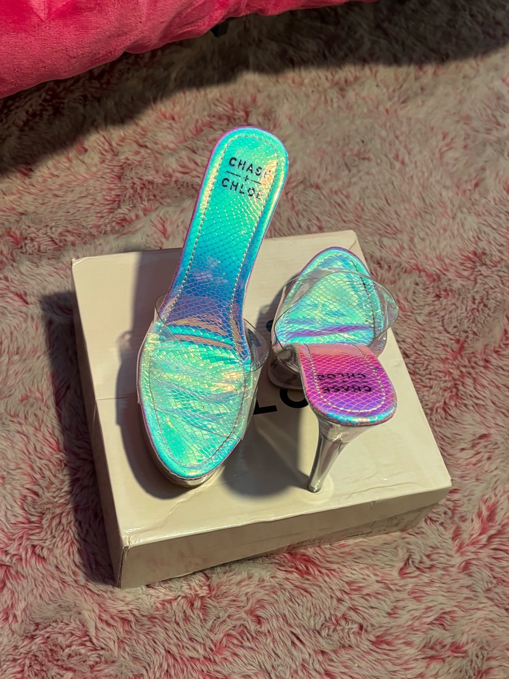 Chase + Chloe Holographic Iridescent Mule Heels with Clear Strap